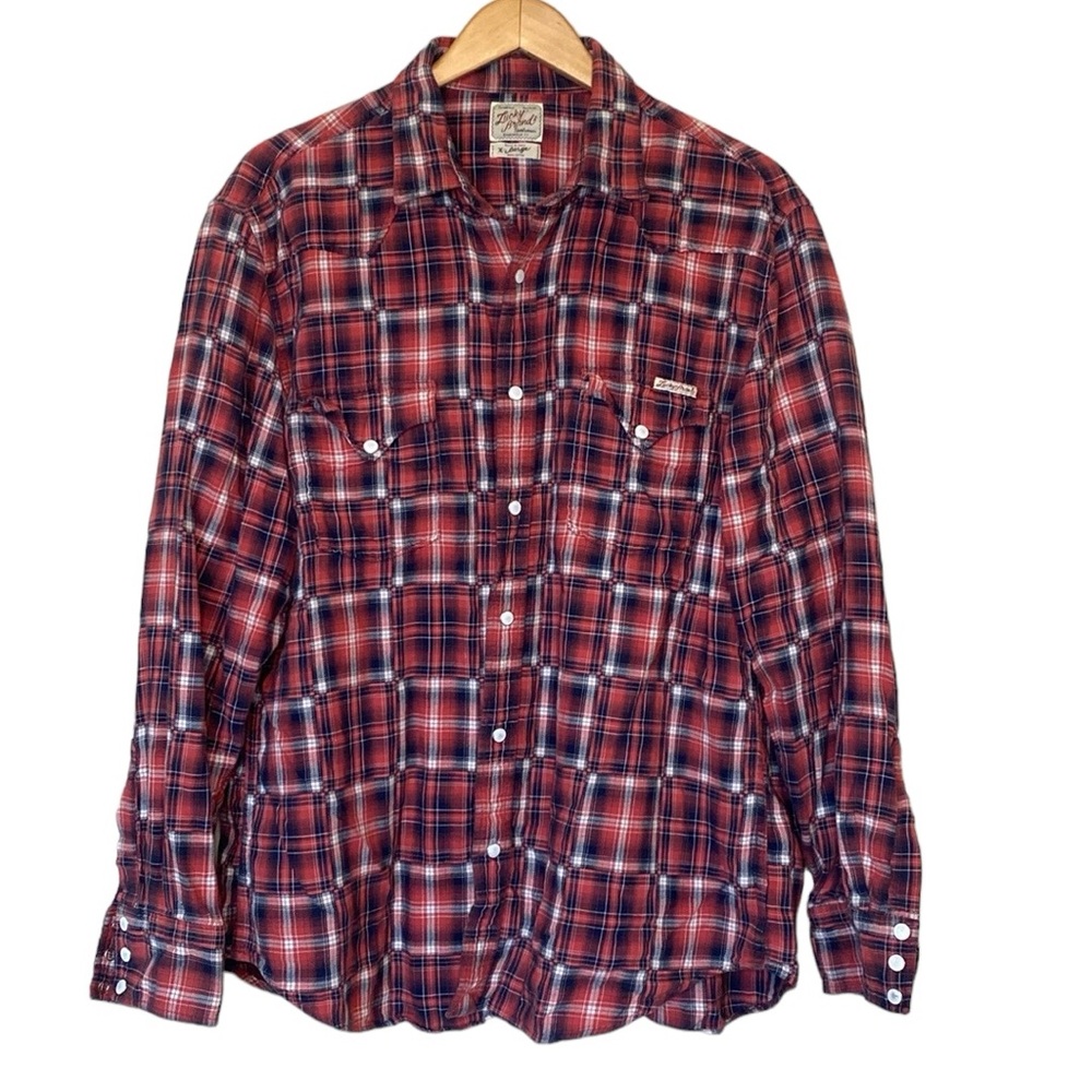Lucky Brand Dungarees Red Blue White Plaid Snap Button Down Men's Shirt XL